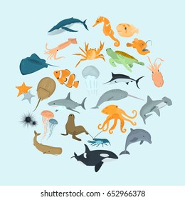 Set of sea animals color flat icons for web and mobile design