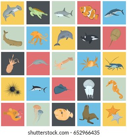Set of sea animals color flat icons for web and mobile design