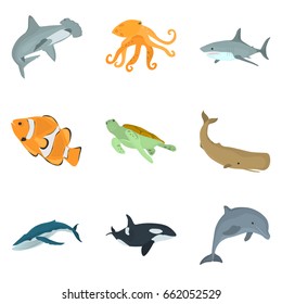 Set of sea animals color flat icons for web and mobile design