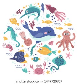 Set Of Sea Animals. Colorful Vector Illustration Collection