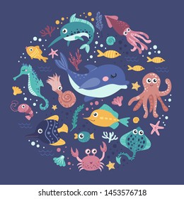 Set of sea animals. Colorful vector illustration collection