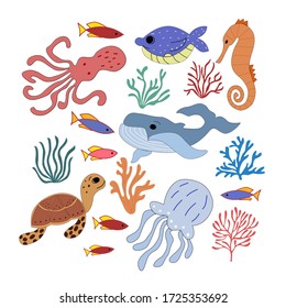 Set of sea animals and corals in vector graphics on a white background. For the design of childrens, cartoon illustrations, postcards, prints, stikers, covers for notebooks.