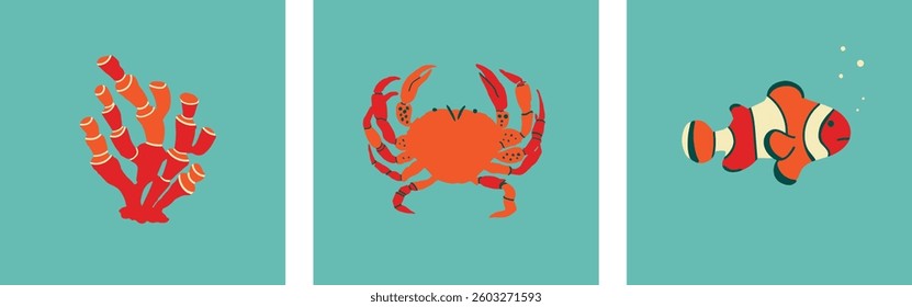 Set with sea animals: crab, clown fish, coral. Vector illustration