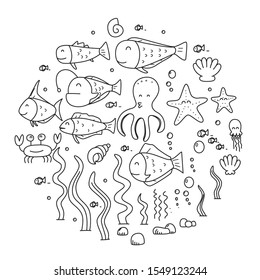set of sea animals and creatures . under water animals . fish set vector and sea element vector