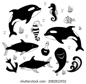 Set of sea animals. Cute big whale killer whale and shark, seahorse and dolphin, anchor and seaweed. Vector outline illustrations, in style of hand-drawing linear doodles for design and decor