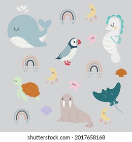 Set of sea animals. Cute sea creatures and animals vector icons . 