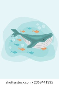 Set of sea animals. Cute sea set with whale and colored fish. Underwater inhabitants. Vector illustration.