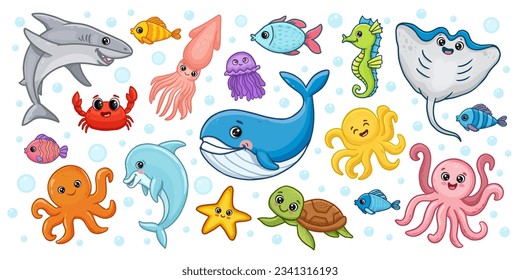 set of sea animals. Dolphin, octopus, sea horse, sea ​​turtle, squid, stingray, jellyfish, shark. Cute cartoon animals for kids. Vector illustration