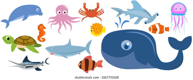 Set Sea Animals Dolphin Shark Whale Stock Vector (Royalty Free ...