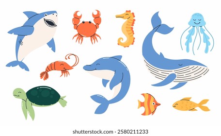 Set of sea animals. Dolphin, shark, jellyfish, fish, shrimp, crab, turtle. Flat vector illustration.