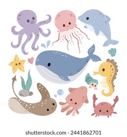 Conjunto de animales marinos Doodle Clipart