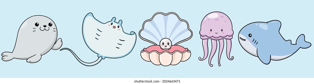 Set of sea animals doodle isolated on white background