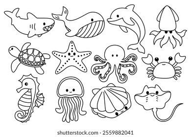 set of sea animals doodle outline