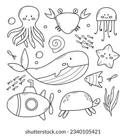 Set of sea animals in doodle style. Vector illustration. Collection of marine inhabitants. Linear crab, octopus, jellyfish, whale, fish.