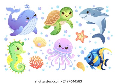 Set of sea animals featuring a cute whale, turtle, shark, seahorse, jellyfish and fish. Hand drawn vector illustration