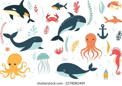 set of sea animals, fish, whales, octopuses vector