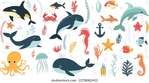 set of sea animals, fish, whales, octopuses