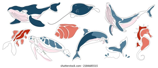 Set of sea animals and fishes isolated on white background. Inhabitants of the underwater world, dolphin, whale, sea turtle, seahorse, stingray. Flat cartoon illustration in linear style.
