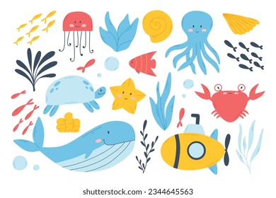 Set of sea animals in flat style. Vector illustration. Collection of marine inhabitants. Hand drawn crab, octopus, jellyfish, whale, fish.