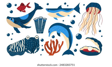 Set with sea animals. Hand draw cartoon collection with whale, jellyfish, cuttlefish, dolphin, set, pearl. Vector