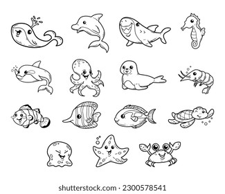 Set of sea animals hand drawn outline sketch illustration