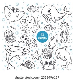Set with Sea animals. Hand drawn sea life elements.  Marine life objects for your design. Doodle style . Vector illustration 
