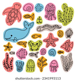 Set of sea animals in hand drawn style. Ocean life. Underwater, under the sea, marine. Vector illustration