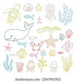 Set of sea animals in hand drawn style. Ocean life. Underwater, under the sea, marine. Vector illustration