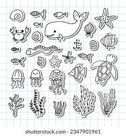 Set of sea animals in hand drawn style. Ocean life. Underwater, under the sea, marine. Vector illustration