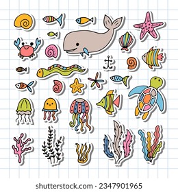 Conjunto de animales de mar de estilo artesanal. Vida marina. Bajo el agua, bajo el mar, marino. Ilustración del vector