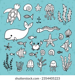 Set of sea animals in hand drawn style. Ocean life. Underwater, under the sea, marine. Vector illustration