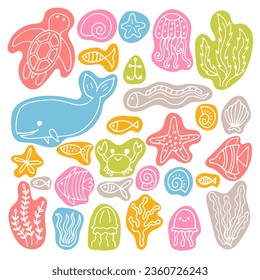 Set of sea animals in hand drawn style. Ocean life. Underwater, under the sea, marine. Vector illustration
