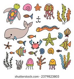 Set of sea animals in hand drawn style. Ocean life. Underwater, under the sea, marine. Vector illustration