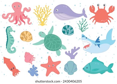 Set of sea animals with hand drawn sea life elements. Cute marine animals and fish isolated on a white background, clipart. Cartoon ocean fish, seahorse, jellyfish, blowfish, starfish, dolphin, turtle