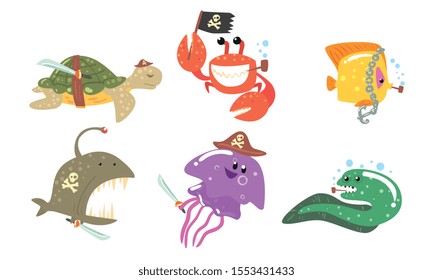 Set of sea animals in a hat and a pirate bandage. Vector illustration.