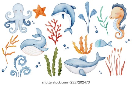 A Set of Sea Animals illustrations. Cute whale, squid, octopus, fish, seahorse, sea ​​plants. Underwater life. Fish and wild sea animals isolated on white background. Watercolor style.