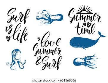 Set of sea animals and ink handwritten inscriptions: summer time, love, surf. Blue vector background. Brush lettering. Modern calligraphy. Rustic retro elements. Octopus, whale and medusa.