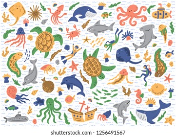 Set of sea animals. Isolated on white background. Cute childish illustrations. Vector stickers template