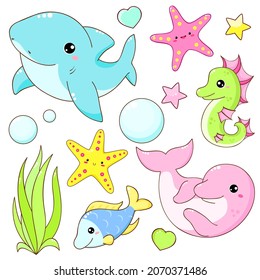 Set of sea animals in kawaii style. Collection of stickers - little shark, cute dolphin, fish, seahorse, starfish. Vector illustration EPS8