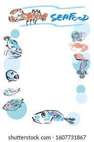 Set of sea animals in light blue bubble background design and give copy space for sea food menu cover.