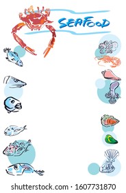Set of sea animals in light blue bubble background design and give copy space for sea food menu cover.
