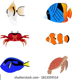 set of sea animals like turtle, fishes and crab