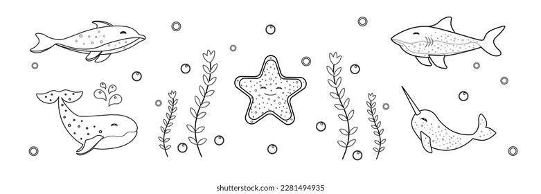 Set of sea animals. Line art. Vector. Isolated on white background.Childlike style.