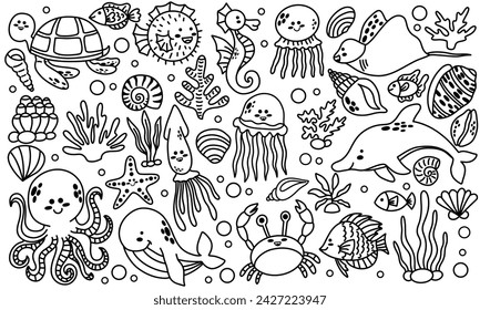 Set of sea animals in line doodle style . Cartoon animals for kids. Doodle.