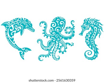 Set of sea animals in Maori Polynesian style. Octopus, seahorse, dolphin. Tattoo sketch. print and t-shirt design
