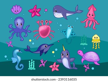 Set sea animals. Marine life objects vector cartoon doodle 3d illustration.