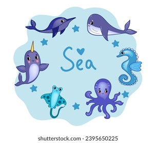  Set sea animals. Marine life objects vector cartoon doodle 3d illustration.