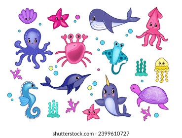  Set sea animals. Marine life objects vector cartoon doodle 3d illustration.