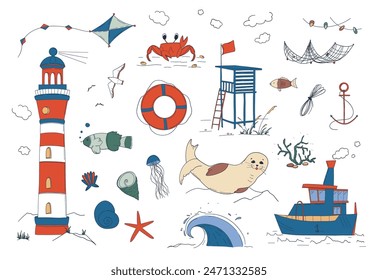 Set of sea animals and marine objects. Doodle style. Hand drawing. Vector