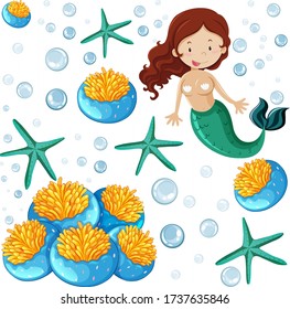 Set of sea animals and mermaid cartoon style on white background illustration